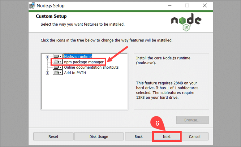 Choosing features for nodejs installation