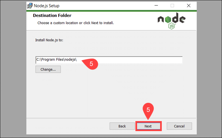 Define destination folder for nodejs installation