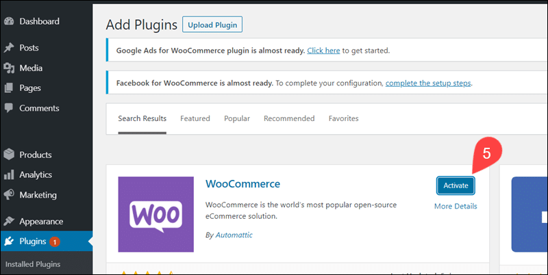 Activate the WooCommerce plugin.