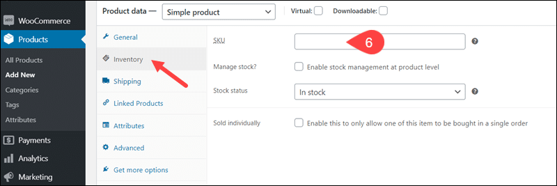 Instruction on how to add SKU in WooCommerce.