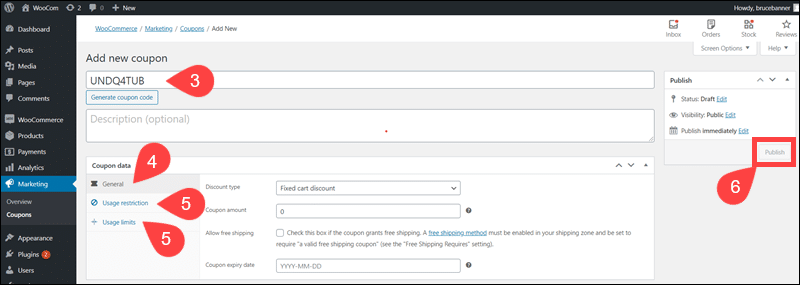 Steps to create a coupon in WooCommerce.