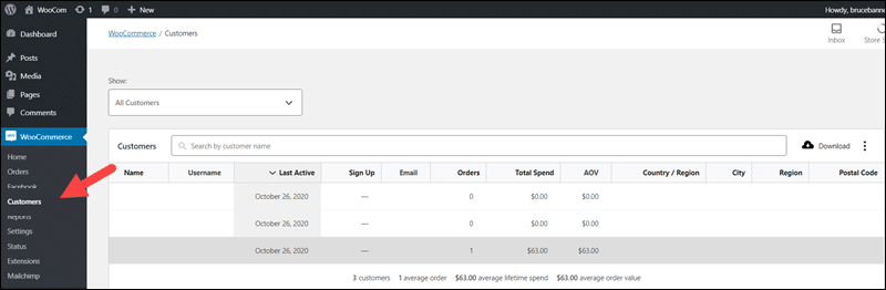 The Customers tab in WooCommerce.