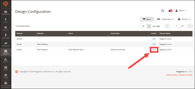 The location of the theme edit tab in the Magento admin.