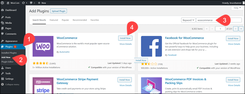 Steps to install the WooCommerce plugin.