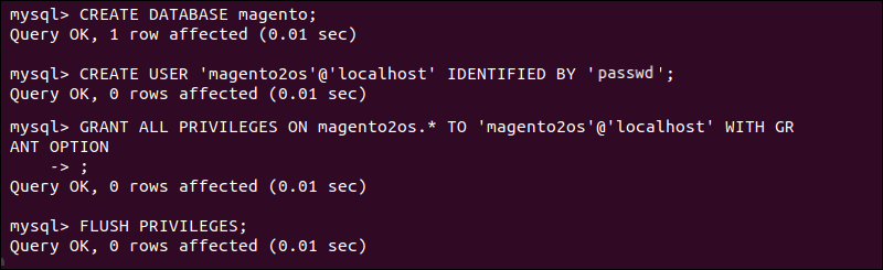 Creating a MySQL user for Magento database.