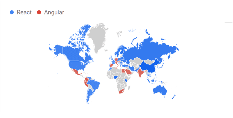 World map showing Angular and React popularity in various countries.