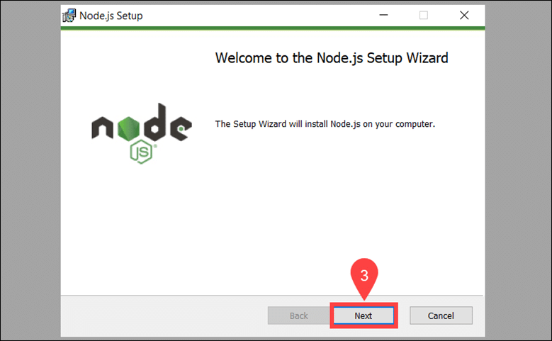 Welcome to the nodejs setup wizard screen