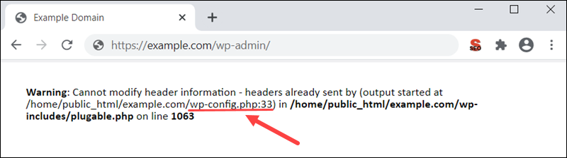 Example of "Cannot Modify Header Information" error in WordPress.
