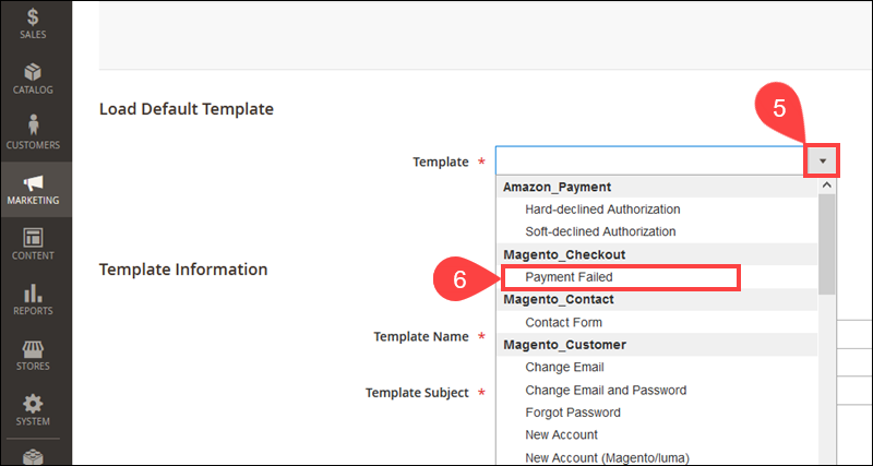 Select the Payment Failed Template in Magento.