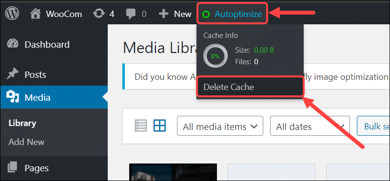 Clearing cache in WordPress using the Autoptimize plugin.