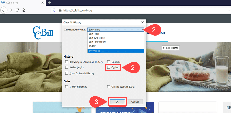 Steps to clear the cache in Firefox.