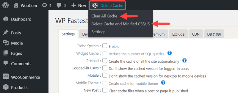 Instructions to clear WordPress cache with Fastest Cache.