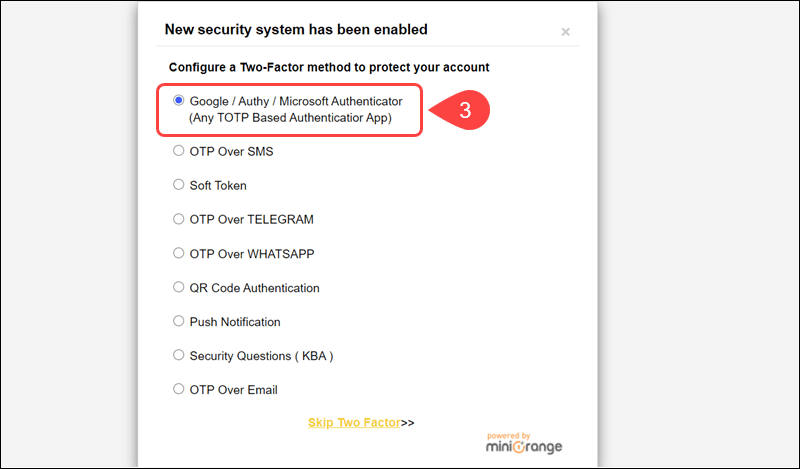 Select the one-time password delivery method for the Google Authenticator plugin.