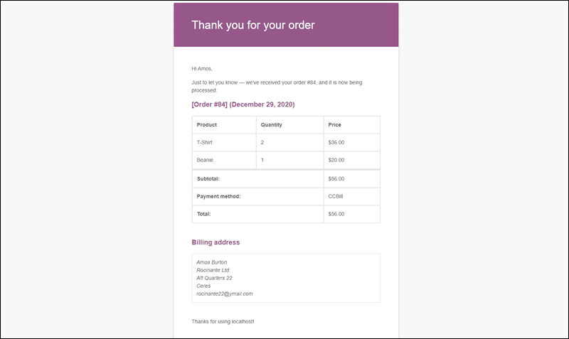 A deafault transactional WooCommerce email.