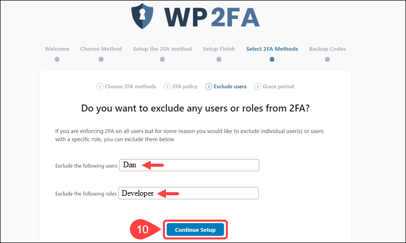 Enter a user or role that is excluded from 2FA.