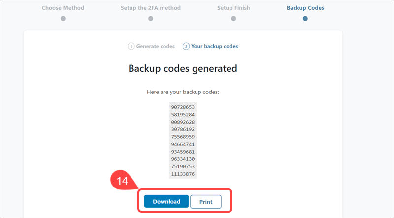 Download or Print the WP 2FA backup codes.