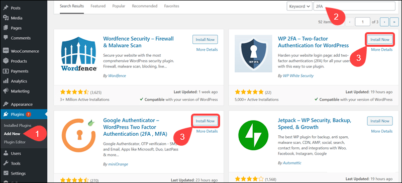 Steps to install 2FA plugin in WordPress.