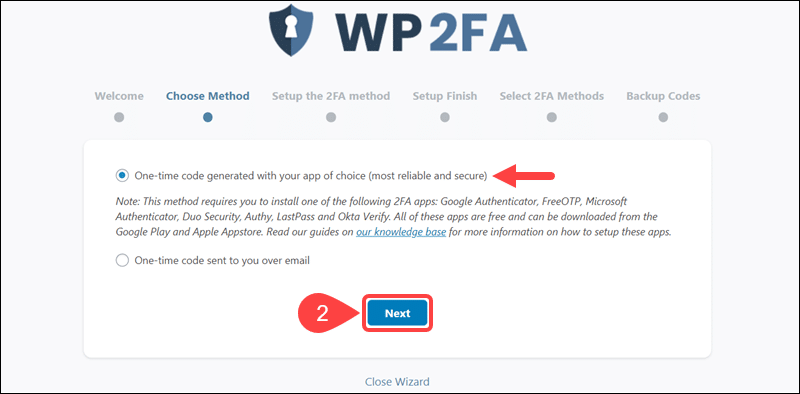 Select authentication method for WP 2FA.