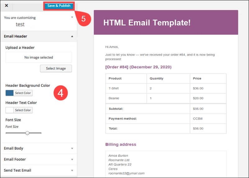 WooCommerce Email Customizer preview page.