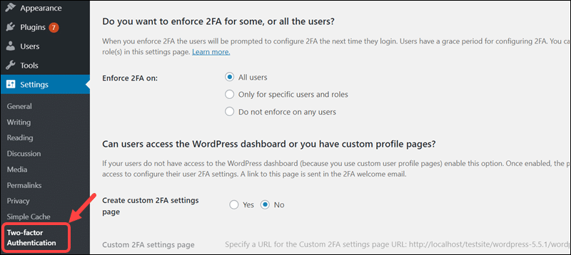 Modifying setting in the WP 2FA plugin in WordPress.