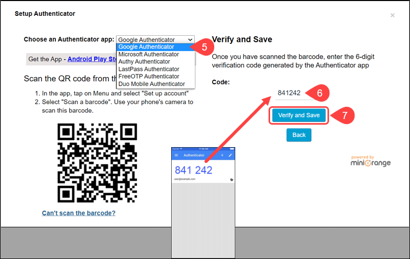 Enter verification code to connect Google Authenticator plugin with app.