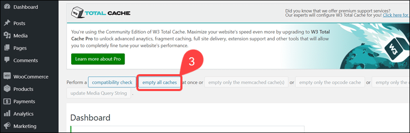 How to empty all caches in W3 Total Cache plugin.