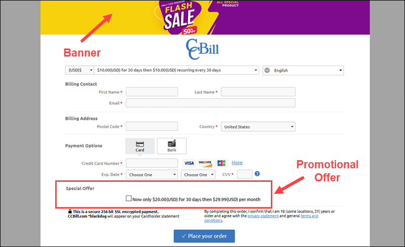Promotional offers on secure payment form.