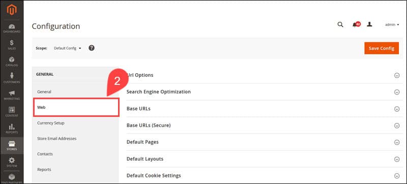 Open the Web tab in Magento to enable SSL certificate.