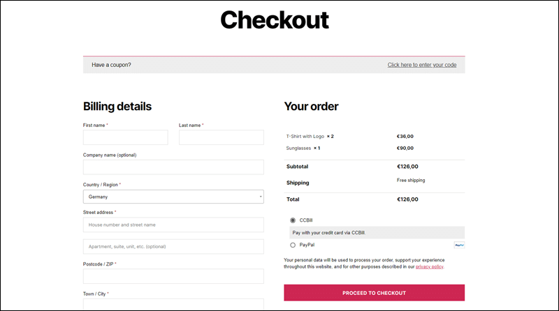 An example of a deafult WooCommerce checkout page.