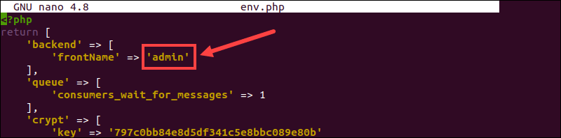 Location of the frontName value in the etc.php file.