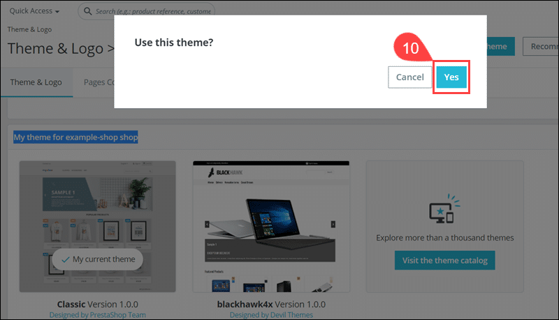 Confirm the use of a new theme in PrestaShop.