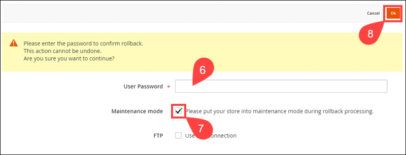 Enter User Password to roll back Magento backup.