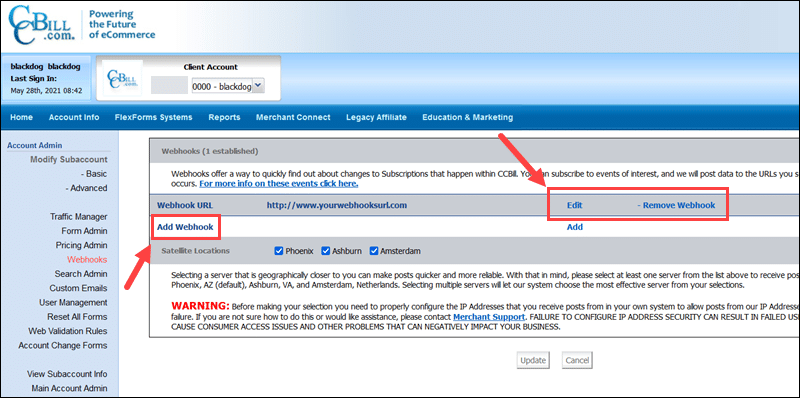 Edting Webhooks in the CCBill Admin.