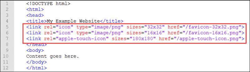 Favicon links in the HTML head tag.