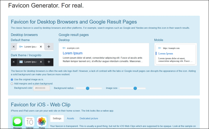 RealFaviconGenerator options when creating a favicon.