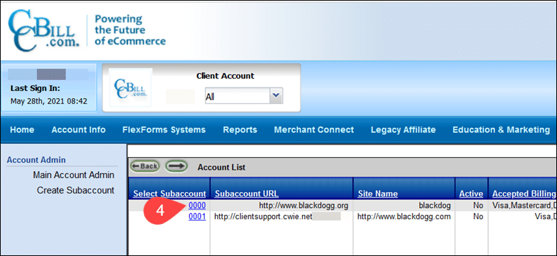 Select a sub-account in CCBill's Admin.