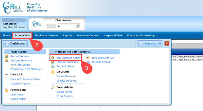 Instructions to access the Sub Account menu in CCBill's Admin.