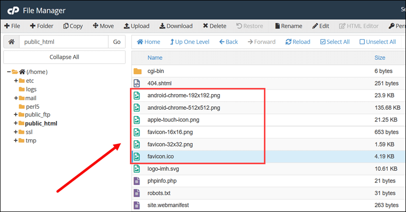 Place the favicon files in the website's root directory.