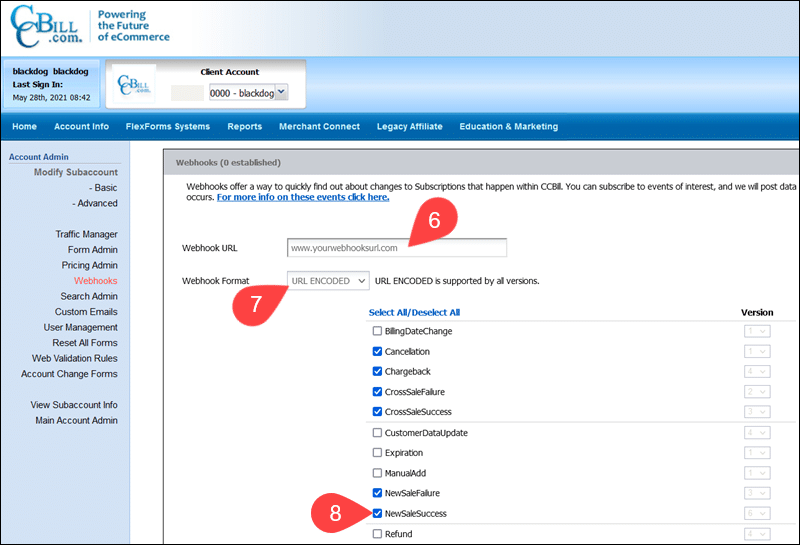 Setting up Webhooks in the CCBill Admin.