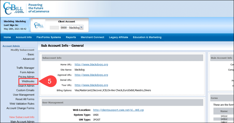 The Webhooks menu in the CCBill Admin interface.