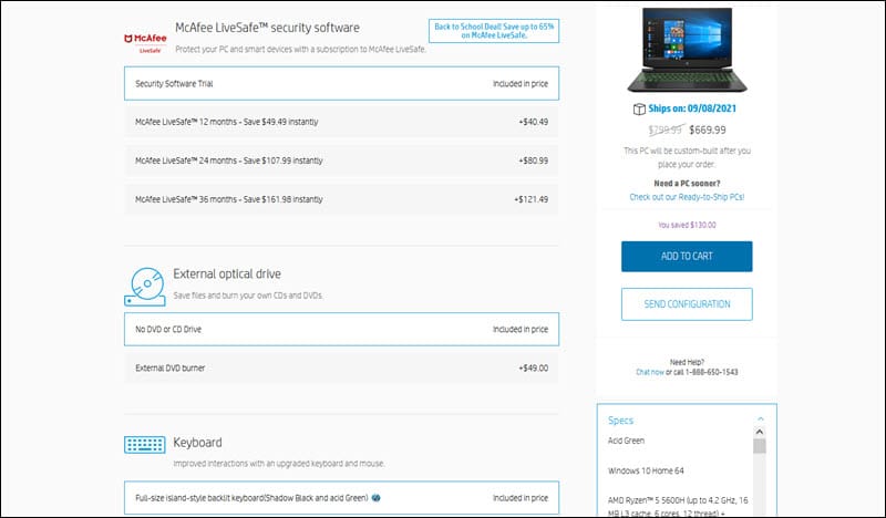 HP laptop customization upsells.