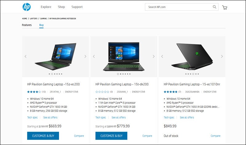 A selection of upsell laptop models on HP's website.