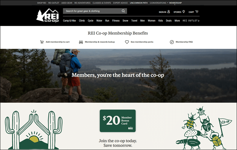 The REI loyalty program membership benefits.