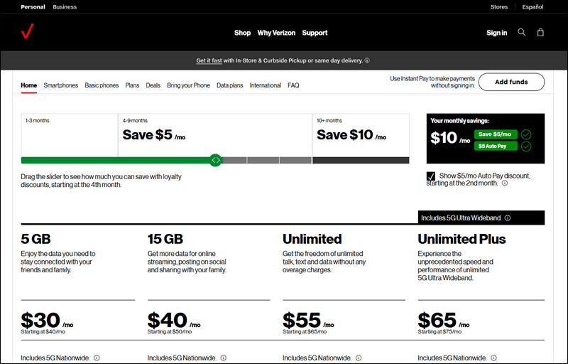 A slider showing the benefits of Verizon's prepaid plan loyalty discount.