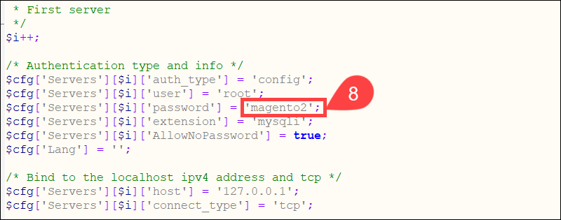 Insert new MySQL password to phpMyAdmin config file.