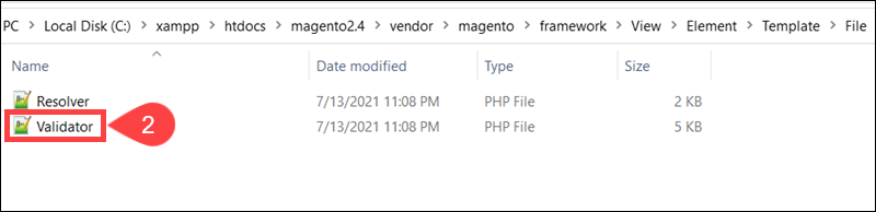 Validator.php file location in Magento 2 in Windows.