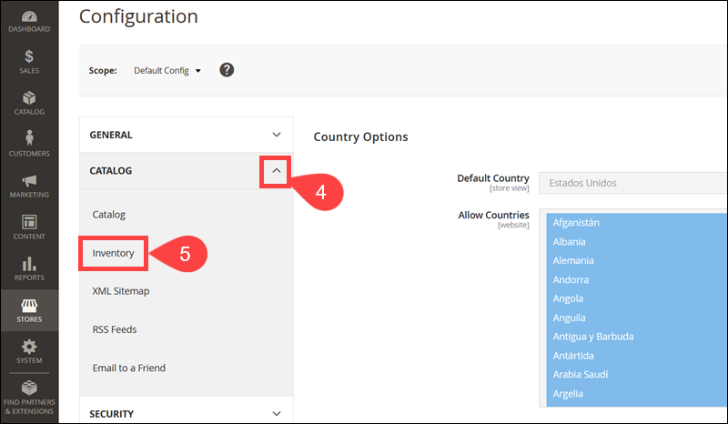 The Magento Inventory settings menu.