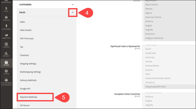 Acccess the Payment Methods menu in Magento.