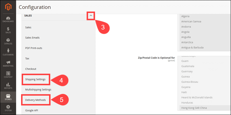 Delivery methods and shipping rules in the Magento Admin.