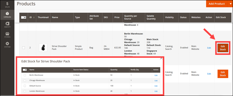 Edit stock in the Multi Warehouse extention.